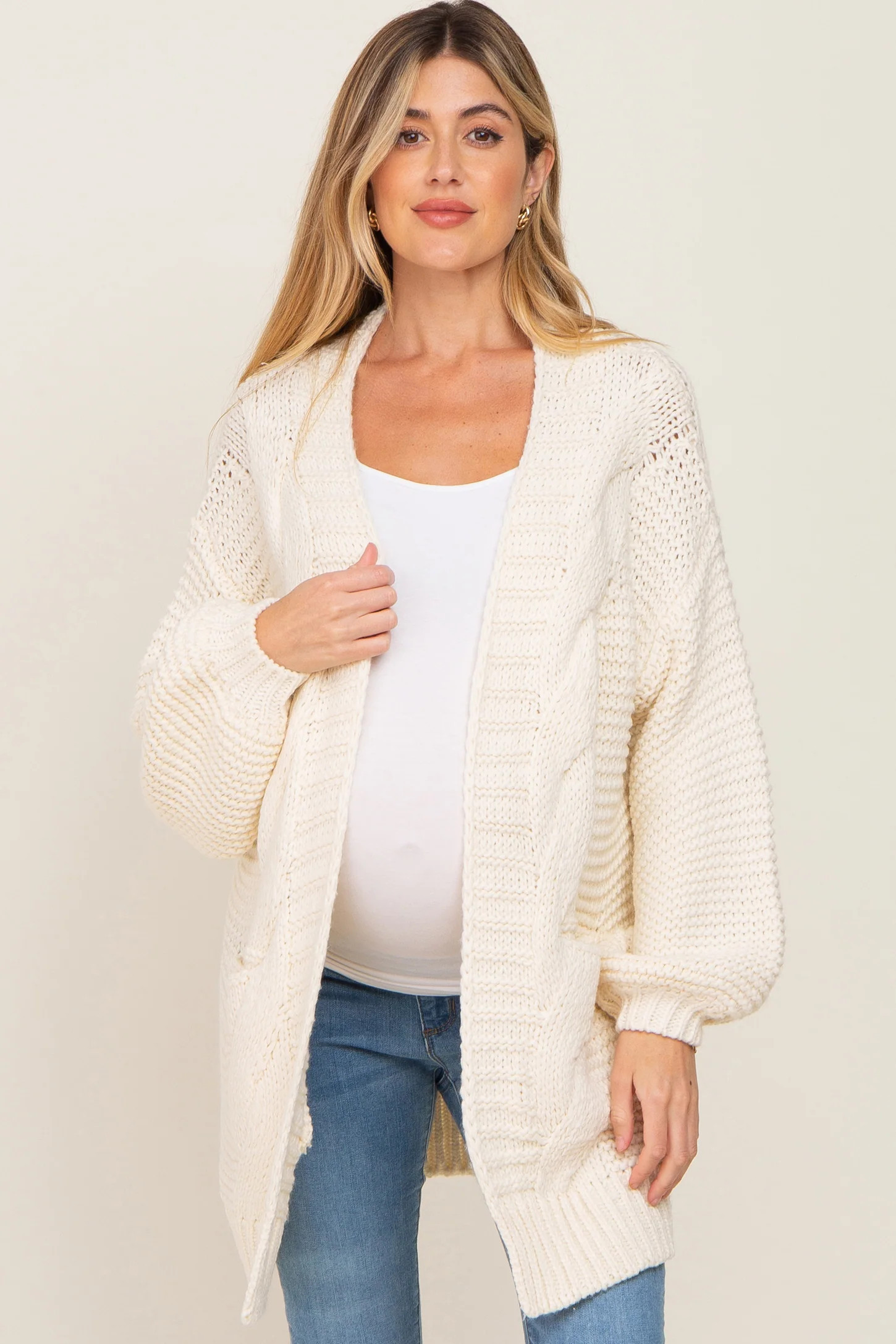 Cream Cable Knit Front Pocket Maternity Cardigan | PinkBlush Maternity