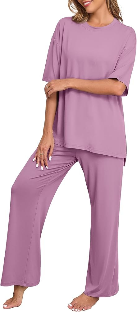 PrinStory Womens Pajamas Sets 2 Piece Lounge Set Short Sleeve Tops and Long Pants Soft Pjs Lounge... | Amazon (US)