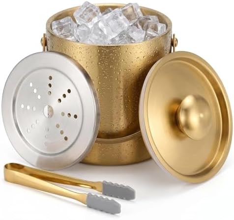 Gold Ice Bucket with Lid, Handle and Tong Insulated Stainless Steel Champagne Bucket 3L Wine Buck... | Amazon (US)
