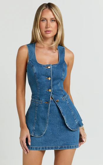 Raquel Top - Denim Scoop Neck Button Down Vest in Mid Blue Wash | Showpo (US, UK & Europe)
