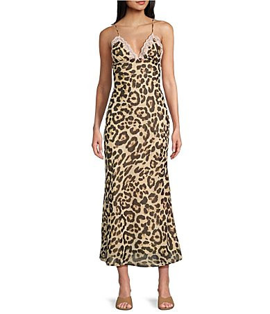 NIA Jasmine Cheetah V-Neck Lace Trim Maxi Dress - M | Dillard's