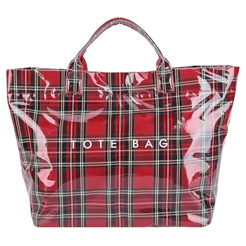 Christmas Plaid PVC Tote Bag for Women - Large Vintage Letters Print Tote Bag with Top Handle, Shopping Work Handbag Gift (Red) | Amazon (US)