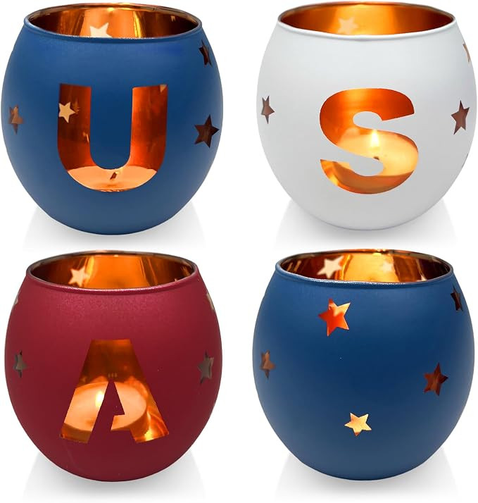 USA Glass Votive Tea Light Candle Holders, Independence Day Table Centerpiece, Red, White, and Bl... | Amazon (US)