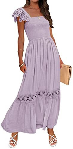 ZESICA Women's 2023 Summer Lace Strap Sleeveless Square Neck Smocked High Waist Ruffle Hollow Out... | Amazon (US)