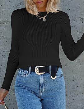 Women's Long Sleeve Crewneck T Shirts 2023 Fall Ribbed Knit Slim Fitted Casual Solid Color Basic ... | Amazon (US)