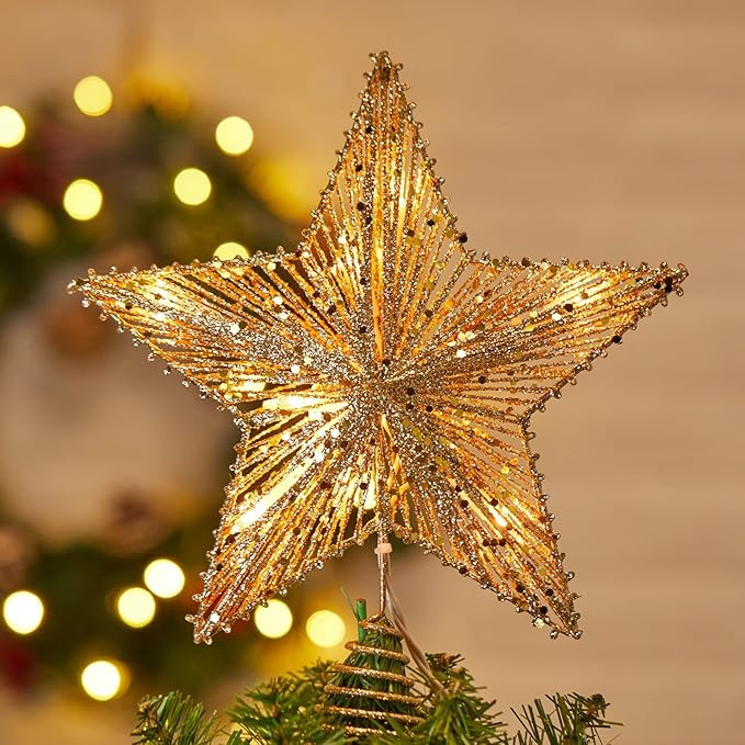 Christmas Star Tree Topper, Plug in 3D Star Tree Topper, 11”Golden Glittered Metal Hollow Desig... | Amazon (US)