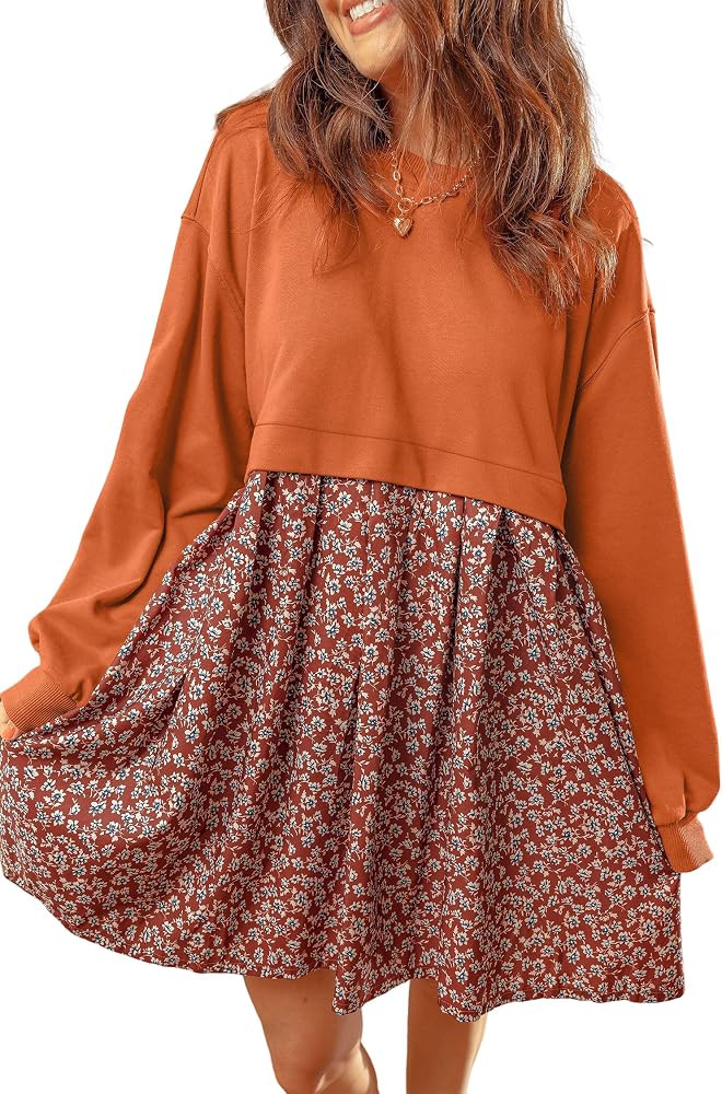 Women Casual Plaid/Floral/Mallard Duck Patchwork Sweatshirt Mini Dress | Amazon (US)