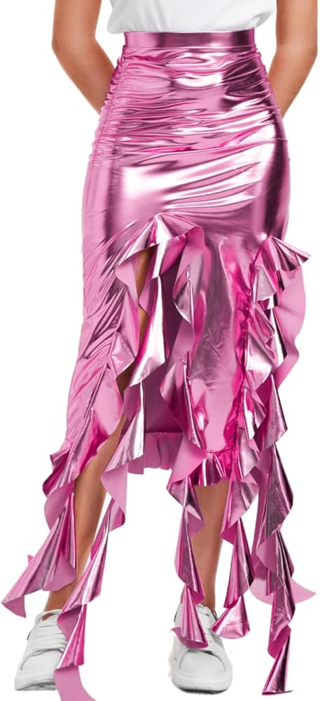 Metallic Maxi Skirt, Rave Club Outfit, High Waisted Ruffle Ruched | Amazon (US)
