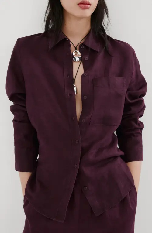 MANGO Linen Button-Up Shirt in Plum at Nordstrom, Size 4 | Nordstrom