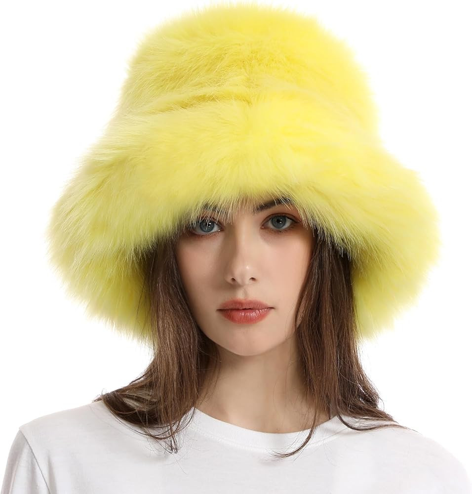 Fuzzy Bucket Hat for Women Winter Fluffy Furry Plush Faux Fur Hats Rainbow Cute Women's Bucket Ha... | Amazon (US)