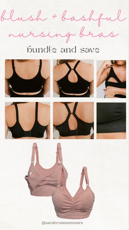 Nursing bras in petal pink or black. Blush bra has lace detail and hook traditional bra closure back. Bashful bra has a higher back and no lace. Get the blush + bashful bundle to try one of each and save. Available in small-xxxl. 

#LTKmidsize #LTKbump #LTKplussize