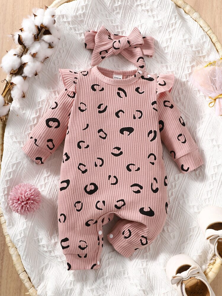 Baby Allover Print Ruffle Trim Jumpsuit & Headband | SHEIN