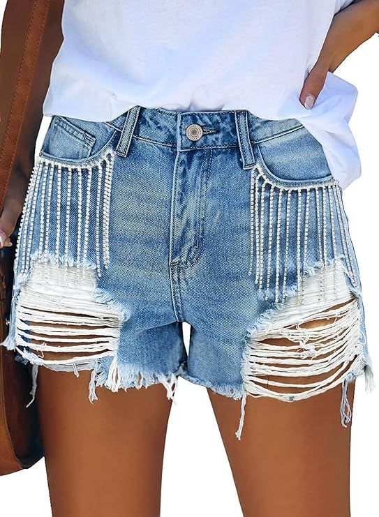 Denim Shorts for Women Women's Juniors Jean Shorts Hem Ripped Jean Shorts Hot Shorts High Waisted... | Amazon (US)