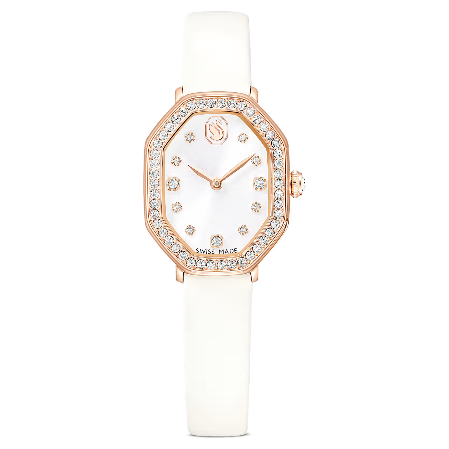 Dextera octagon watch, Swiss Made, Leather strap, White, Rose gold-tone finish by SWAROVSKI | SWAROVSKI