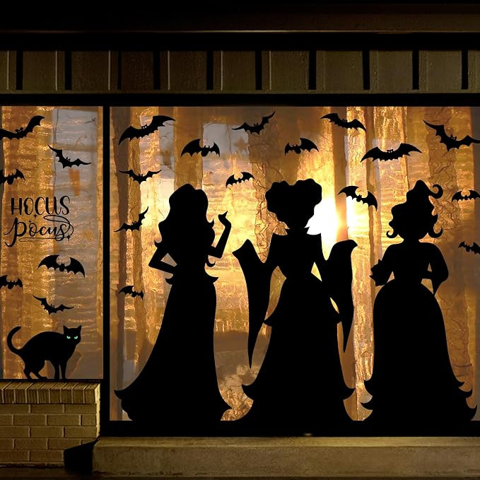 Halloween Window Clings Decor Decorations: Extra Large Hocus-Pocus Witchs Black Cat Bat Silhouett... | Amazon (US)