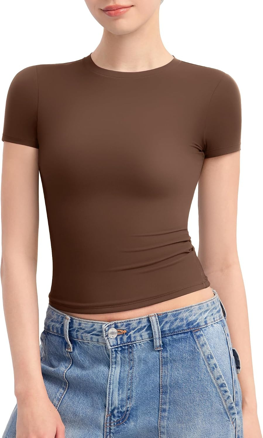 PUMIEY Women's Crew Neck Short Sleeve Tops Double Lined Slim Fit T Shirts Basic Tee Smoke Cloud Pro Collection | Amazon (US)