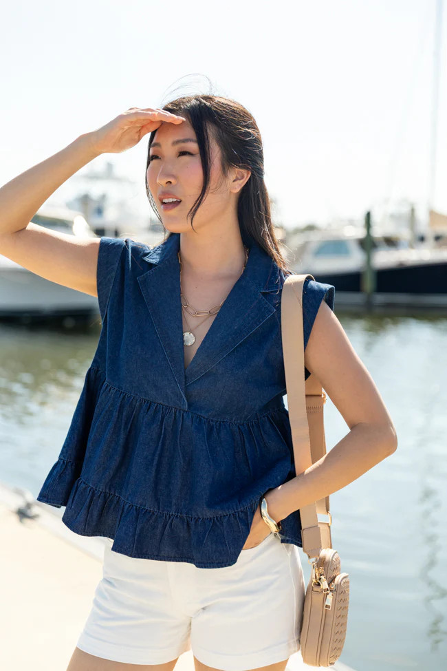 Perfect Aura Dark Wash Denim Collared Tank SALE | Pink Lily