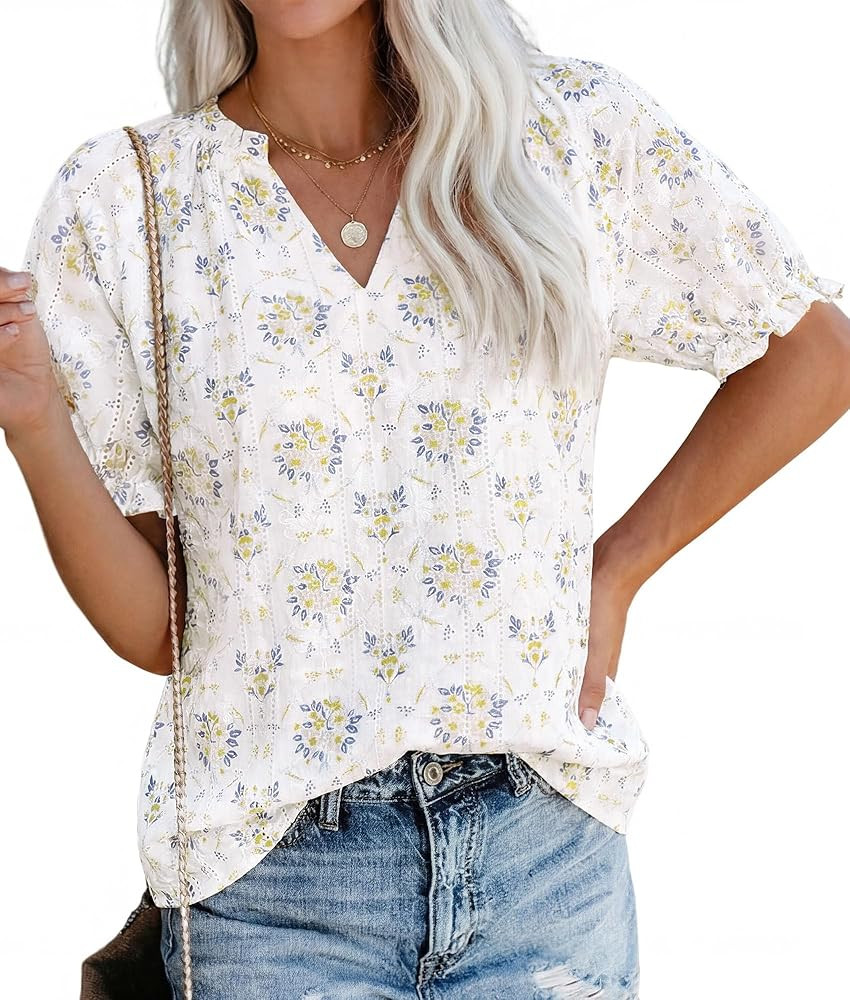 PRETTYGARDEN Summer Short Sleeve V Neck Shirts for Women 2026 Trendy Floral Print Loose Ruffle To... | Amazon (US)