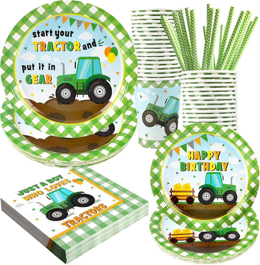 Tractor Party Supplies Decorations, Disposable Kids Birthday Paper Plates and Napkins Set with Cu... | Amazon (US)