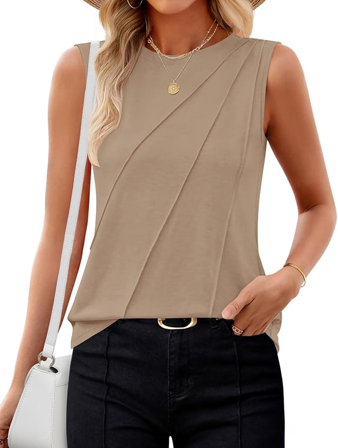 ZESICA Women's Summer Pleated Tank Top Sleeveless Crewneck Business Casual Loose Tops Shirts 2026... | Amazon (US)