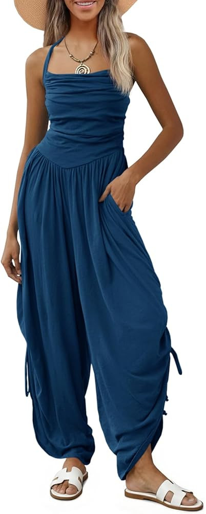 Fisoew Womens Casual Jumpsuits Summer Halter Straps Sleeveless Overalls Ruched Barrel Wide Leg Si... | Amazon (US)