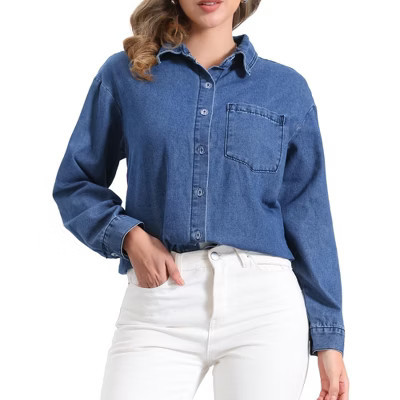 INSPIRE CHIC Women's Long Sleeve Turn Down Collar Denim Shirt Blue Large | Target
