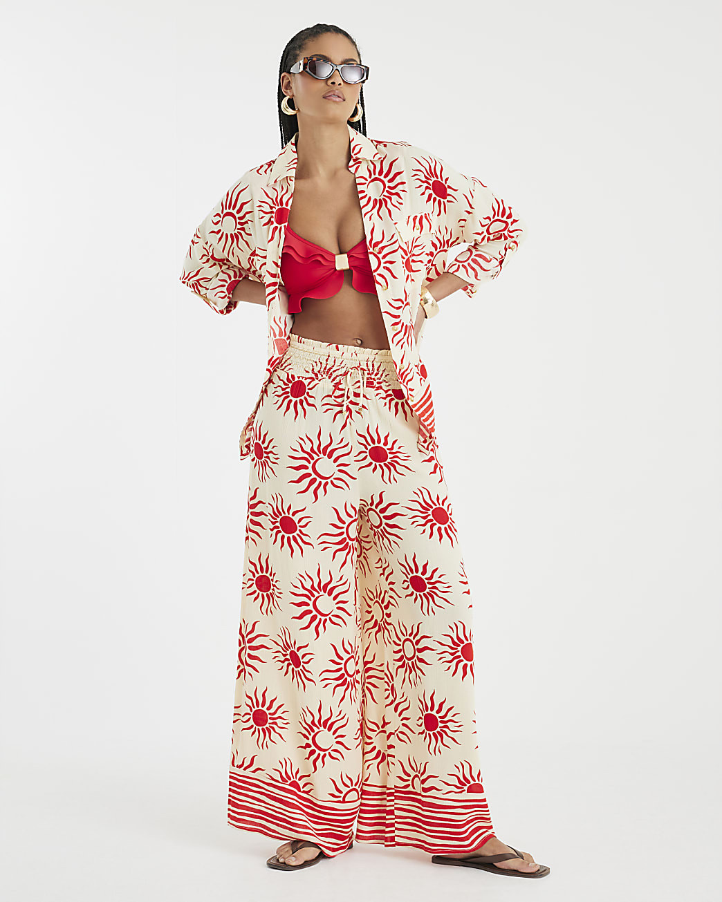 Cream Sun Print Wide Leg Beach Trousers | River Island UK & IE