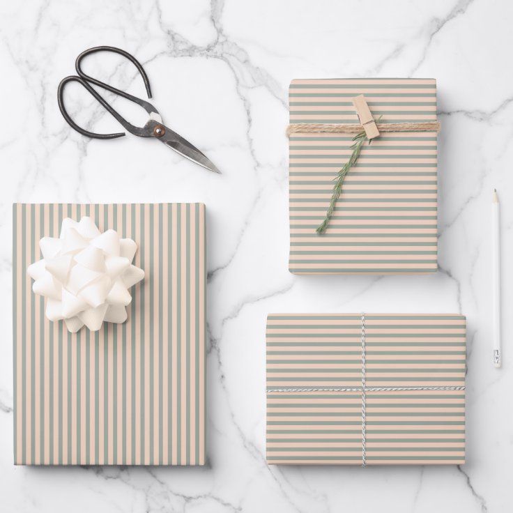 Simple Sage Green Blush Pink Striped Pattern Wrapping Paper Sheets | Zazzle | Zazzle