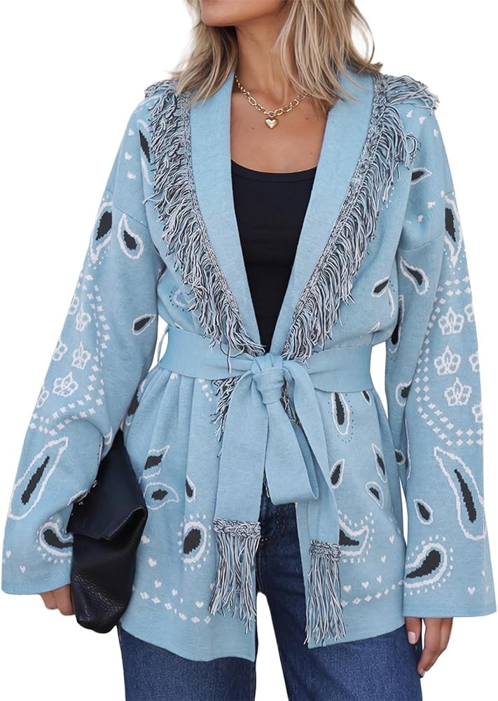 Cicy Bell Womens Fringe Cardigan Printed Long Sleeve V Neck Belt Sweaters | Amazon (US)