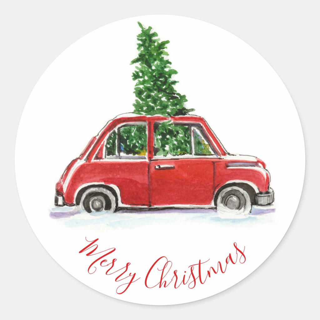 Red vintage Car with Christmas tree Classic Round Sticker | Zazzle