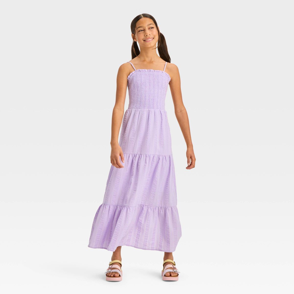 Girls' Smocked Bodice Tie Back Woven Textured Maxi Dress - art class™ Purple L | Target