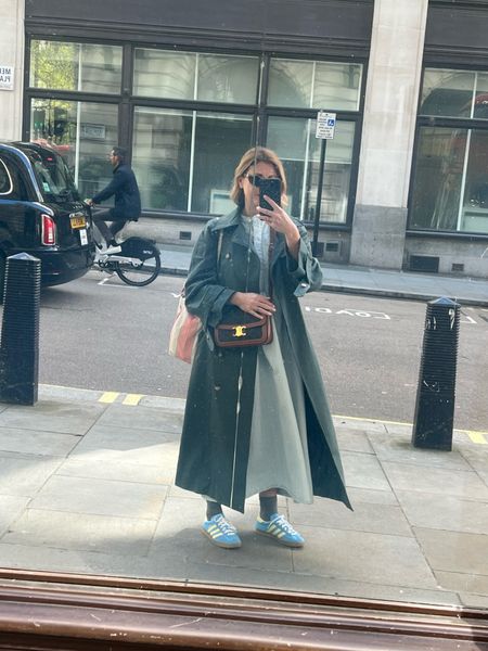 Aligne trench coat, Aligne smock dress, midi dress, spring outfit, adidas trainers, colourful trainers, celine bag, street style, trench 

#LTKSeasonal #LTKstyletip #LTKeurope