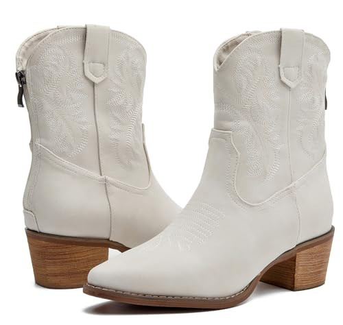 DADAWEN Western Boots For Women Embroidered Pointed Toe Cowgirl Boots Chunky Heel Cowboy Boots Pull On Outdoor Mid Calf Booties Beige US Size 4.5 | Amazon (US)
