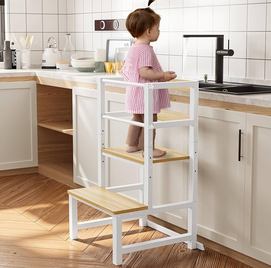 Kitchen Step Stool for Toddlers, Height Adjustable Toddler Tower with Safety Rail, Steel and Wood... | Amazon (US)