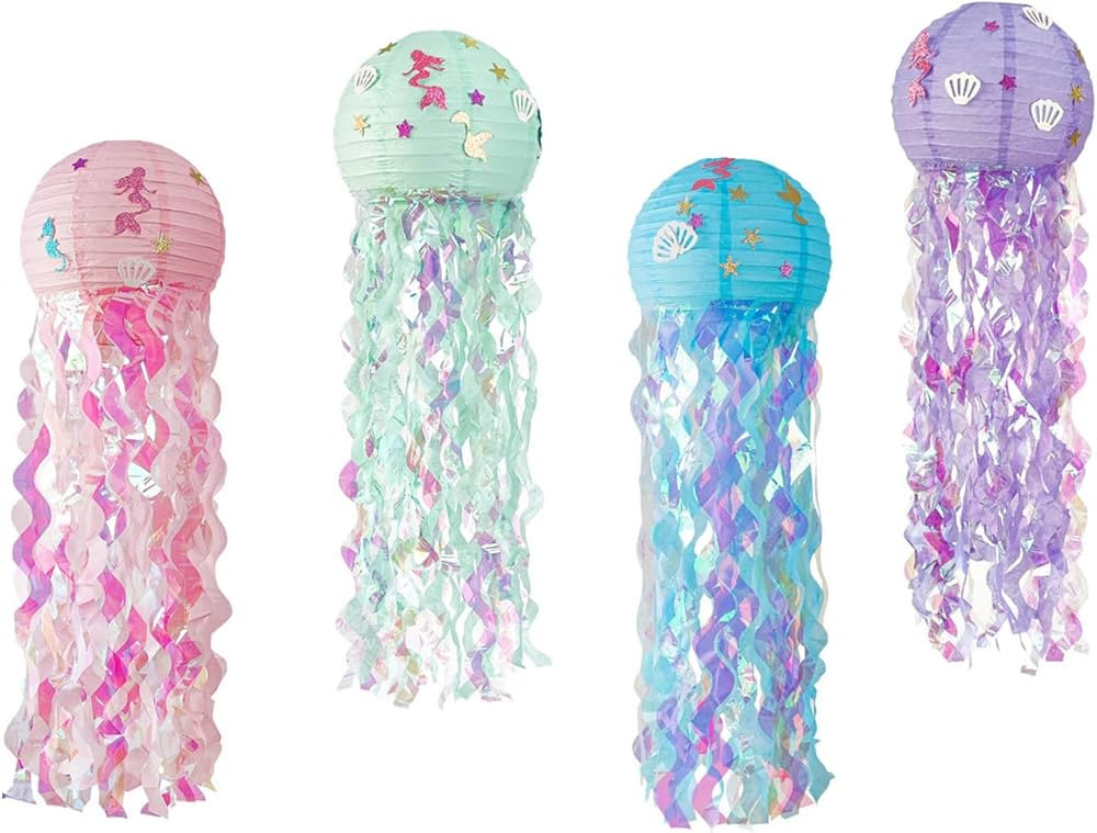 PADRIO Mermaid Party Decor Jellyfish Paper Lanterns 4 Set in Blue, Pink, Purple, Green for Kids B... | Amazon (US)