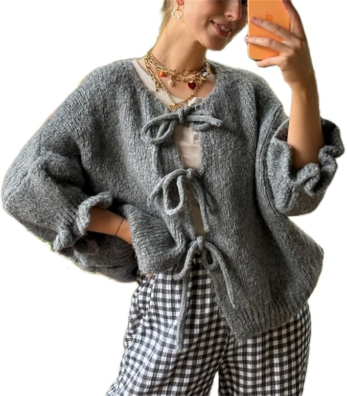 Women Y2k Tie Front Knit Cardigan Sweater Girls Cute Outwear Top Short Ruffle Sleeve Loose Knitwe... | Amazon (US)