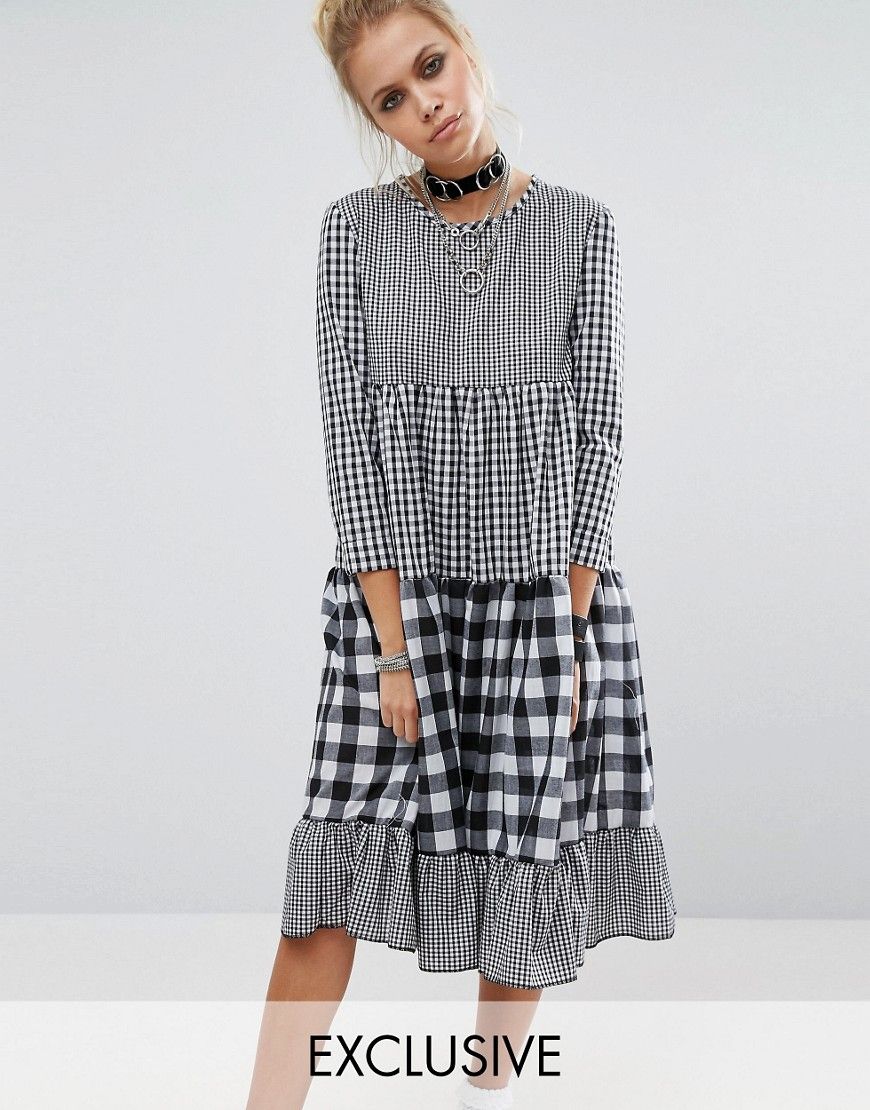 Milk It Vintage Tiered Dress With Mix & Match Gingham - Black | ASOS US