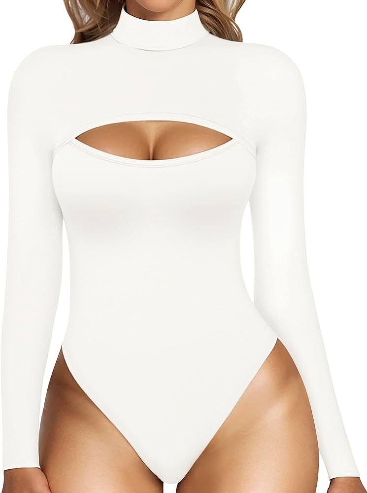 MANGOPOP Mock Neck Cutout Front Top Long Sleeve Short Sleeve Bodysuits for Women | Amazon (US)