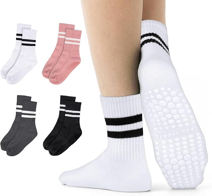 Pilates Socks with Grips for Women, 4 Pairs Grippy Socks, Non Slip Yoga Crew Socks | Amazon (US)