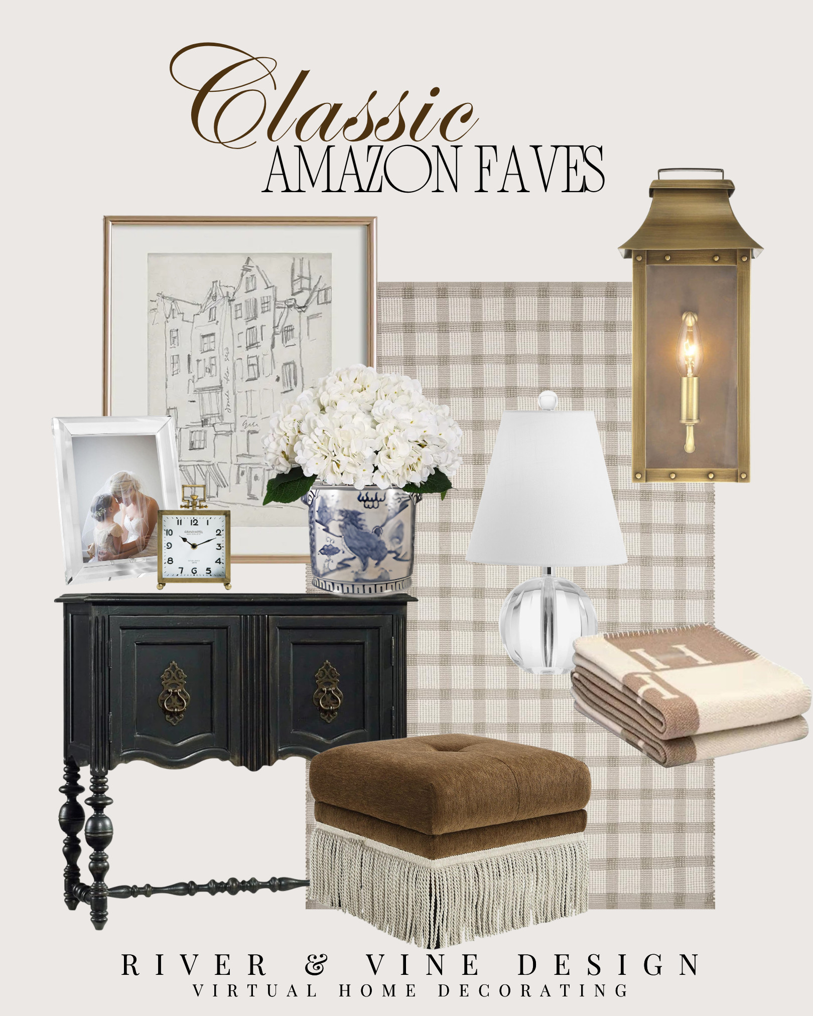 Classic Amazon favorites for a timeless home 🤎
I love this mix for adding that collected, traditional feel without making the space look too formal. The black cabinet grounds everything, the gingham fabric adds softness, and the brass sconce, crystal lamp, framed art, and hydrangeas bring in that classic layered look that always feels polished.
Perfect for an entryway, guest room, living room corner, or anywhere that needs a little more charm.
I may receive a commission when you shop through my links.