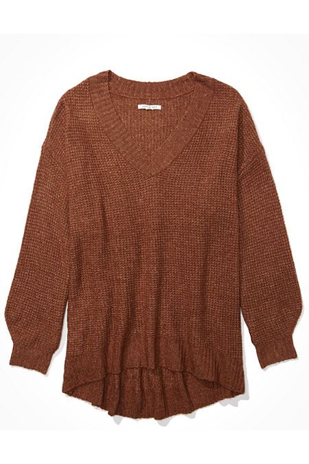 AE Oversized Dreamspun V-Neck Sweater Women's Tan XL | American Eagle Outfitters (US & CA)