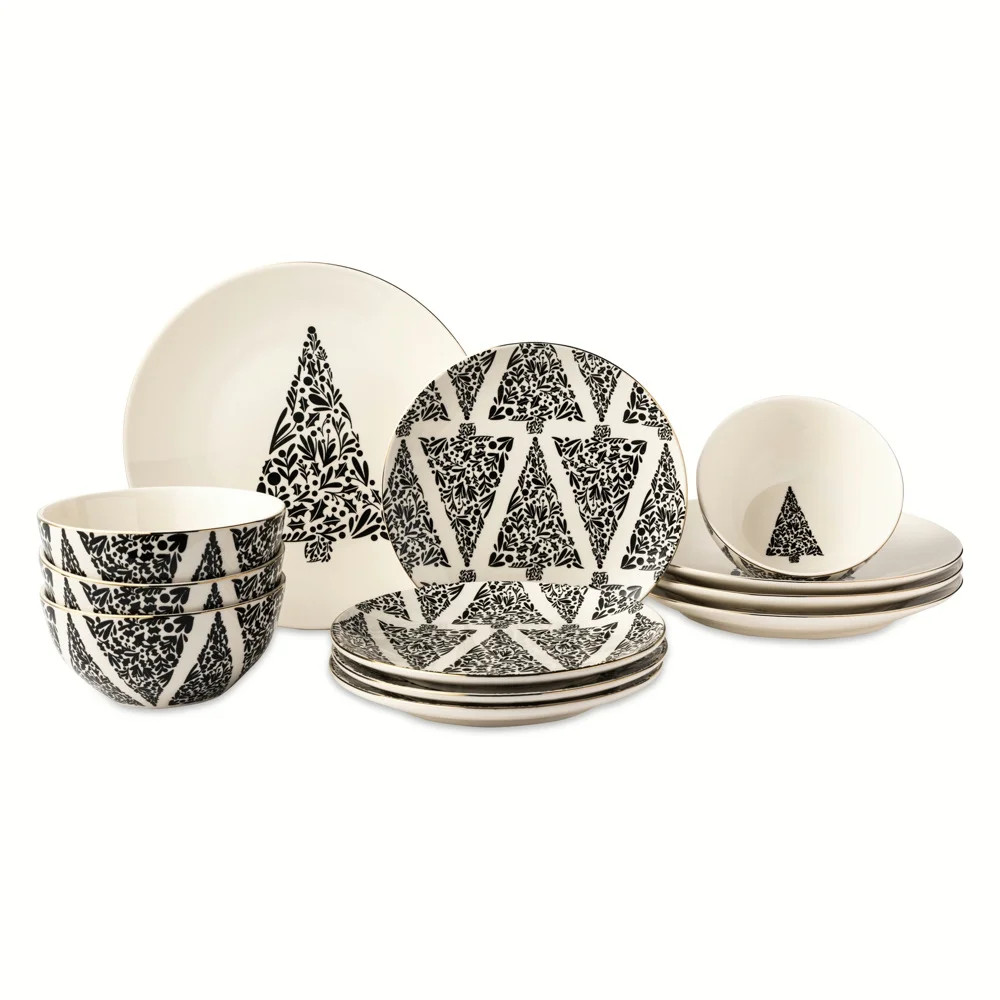 Thyme & Table Holiday Tree 12-Piece Ceramic Dinnerware Set - Cream | Walmart (US)