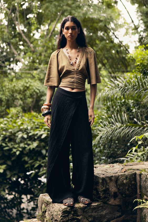 LINEN BLEND BLOUSE WITH RUFFLE SLEEVES | Zara US