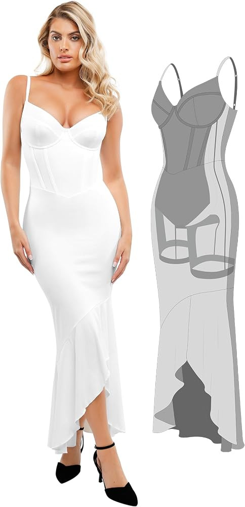 Popilush Corset Dress Built in Shapewear - Formal Dress for Women Deep V Neck Maxi Slip Bridesmai... | Amazon (US)