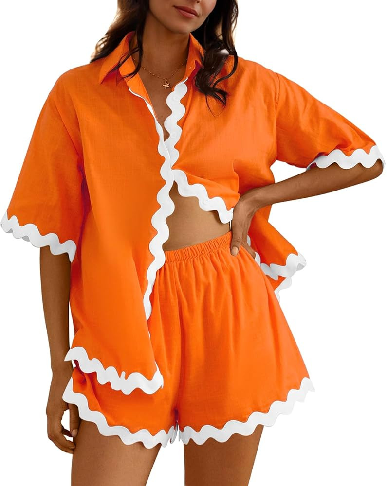 Fixmatti Women Two Piece Summer Sets Short Sleeve Button Down Shirts Short Sets | Amazon (US)