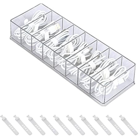 Yesesion Clear Plastic Cable Organizer Box with Adjustment Compartments, Desk Accessories Storage Ca | Amazon (US)