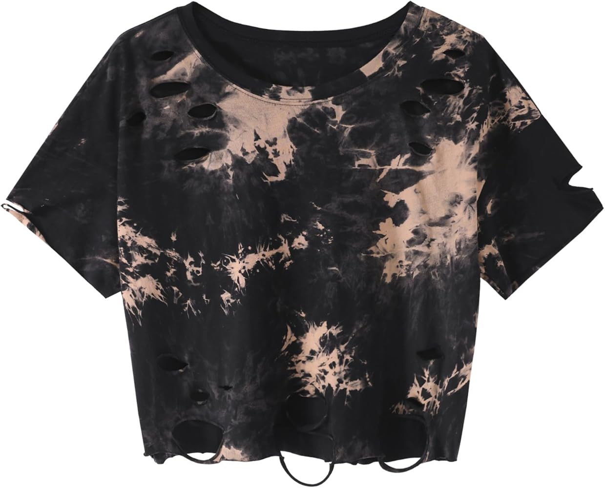 Hilinker Women Tie Dye Crop Tops Short Sleeve Distressed Ripped Casual Loose Tee Shirts | Amazon (US)