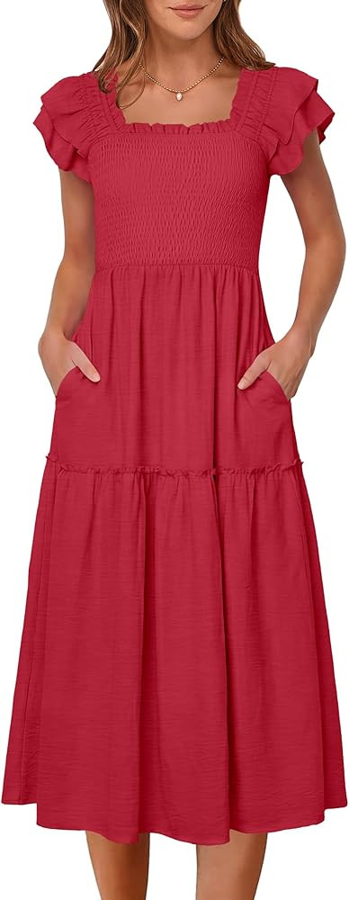 Caracilia Womens Summer Maxi Dress 2026 Casual Ruffle Short Sleeve Square Neck Smocked Flowy Sund... | Amazon (US)