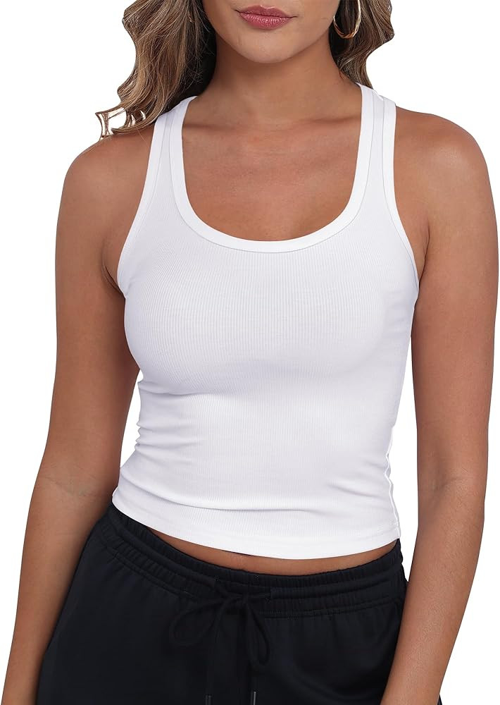 GEMBERA Women Sleeveless Scoop Neck Racerback Ribbed Knit Fitted Teen Basic Crop Tank Top Shirt | Amazon (US)