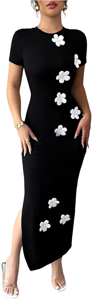 GORGLITTER Women's 3D Floral Slit Thigh Bodycon Dress Short Sleeve Crewneck Long Dresses | Amazon (US)